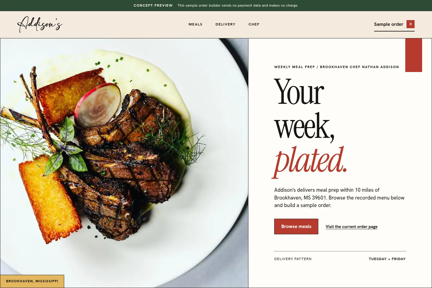 Addison's meal-prep website with a plated entrée and sample ordering controls