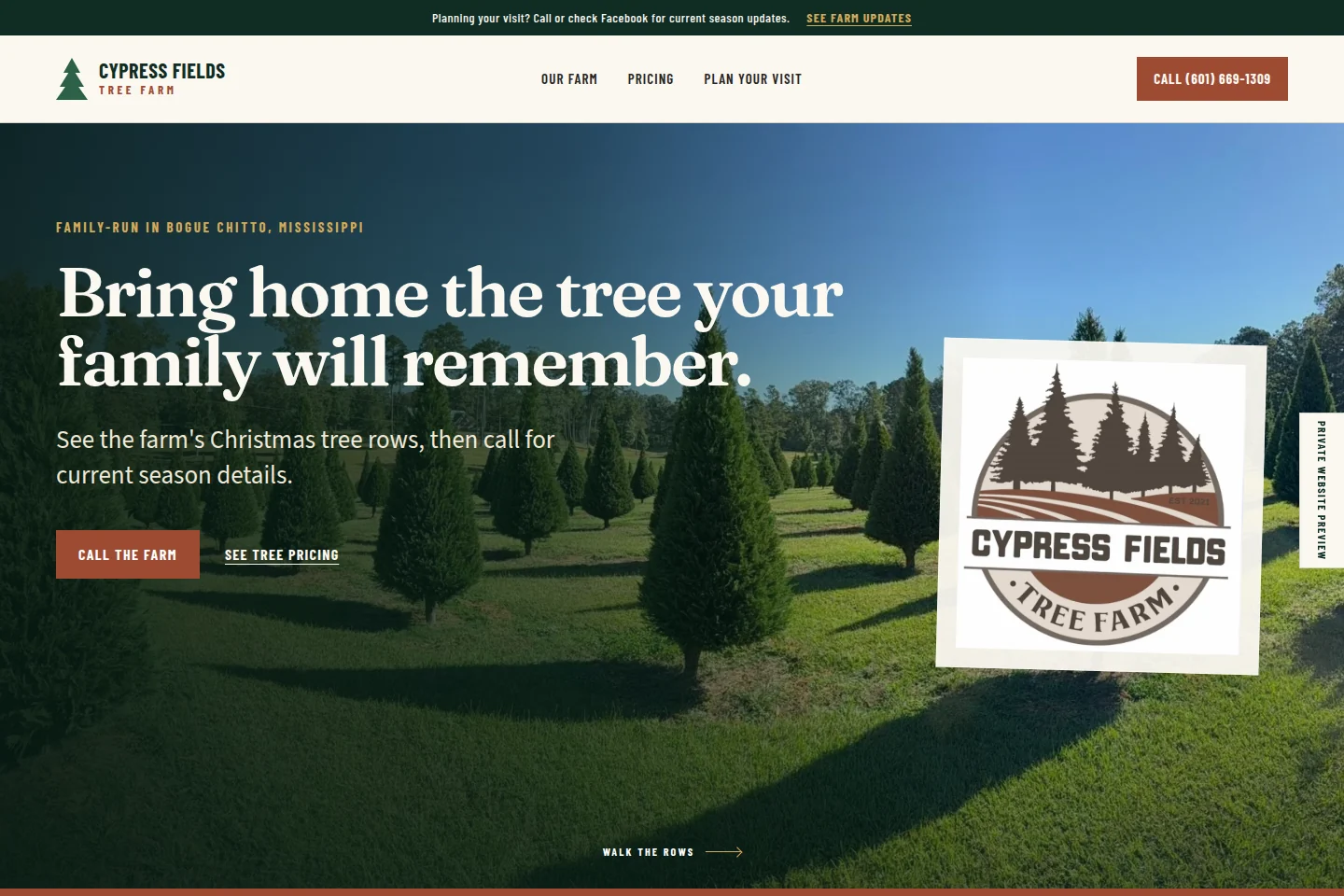 Cypress Fields Tree Farm website with a wide photograph of Christmas tree rows and a call-the-farm action