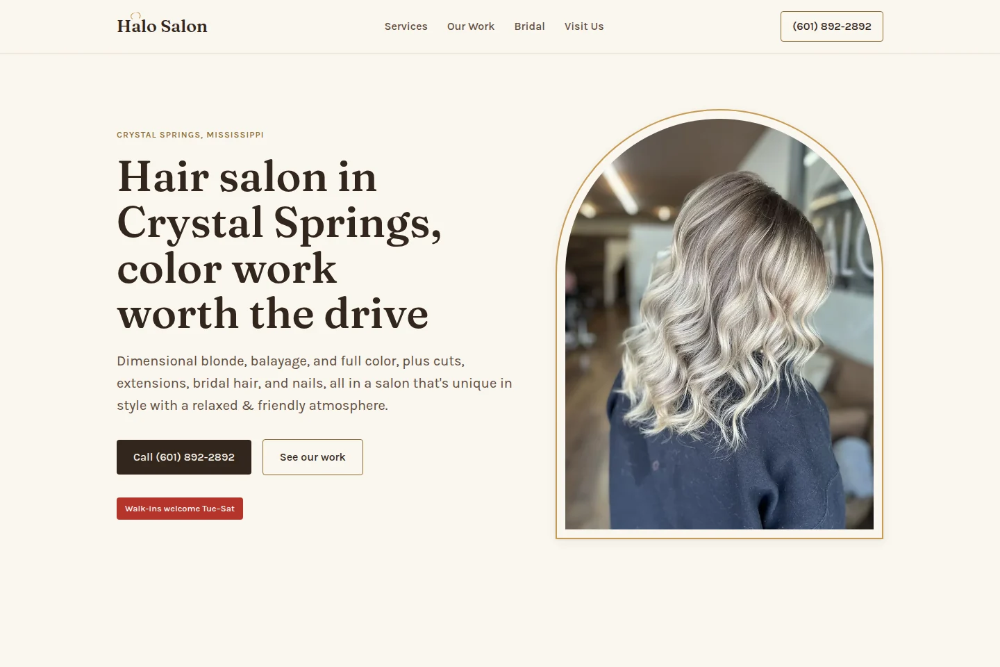 Halo Salon website with an arched hair-color photograph and appointment actions