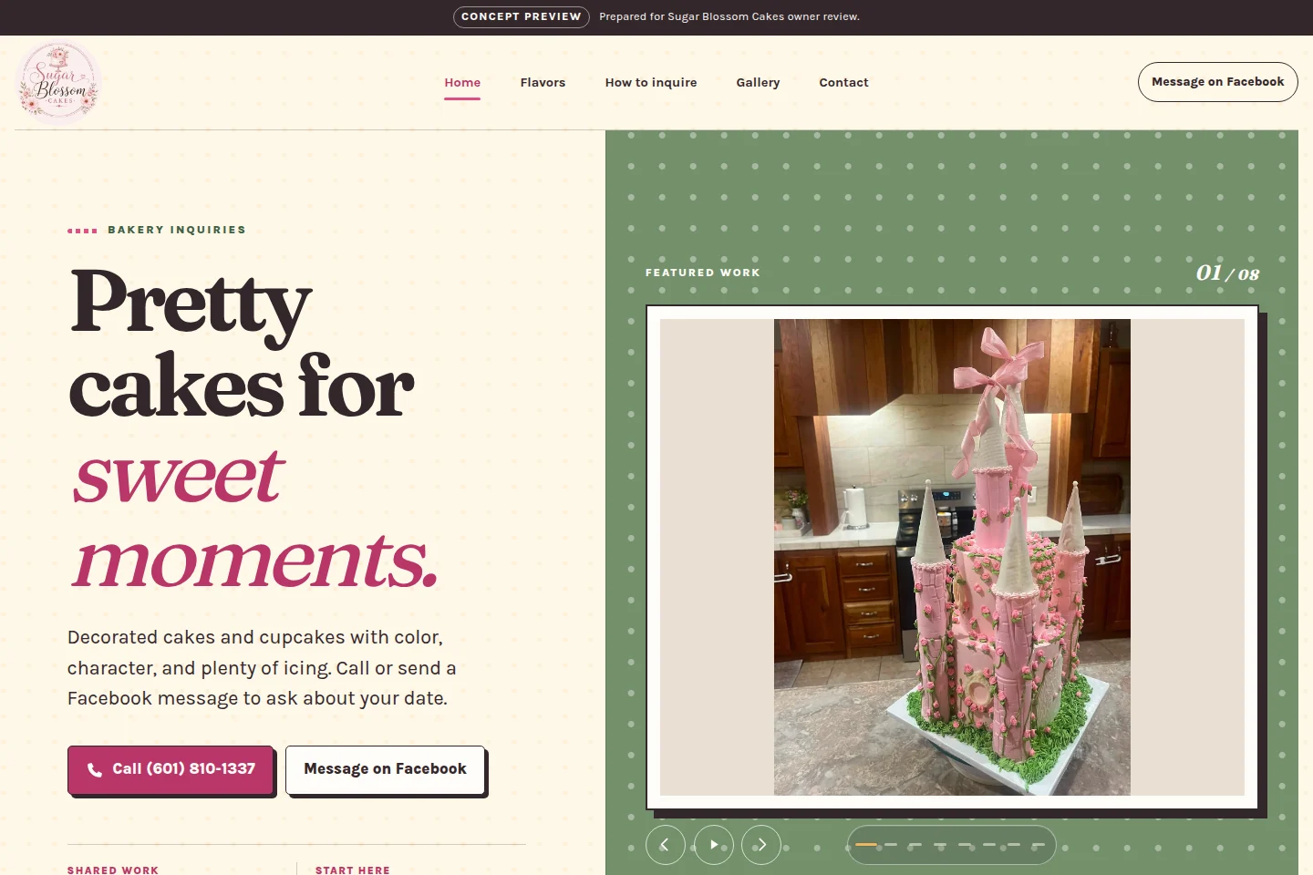 Sugar Blossom Cakes website with pink typography and a featured decorated cake gallery